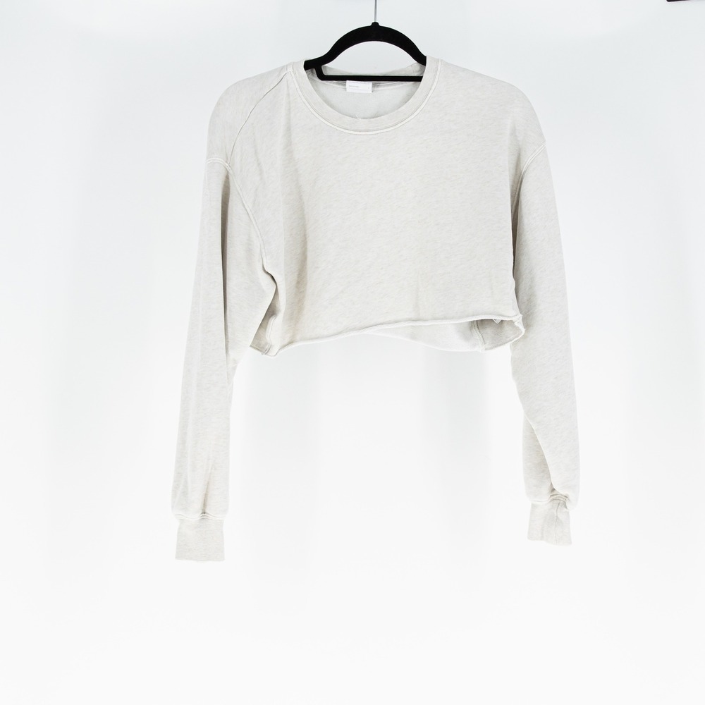 Aritzia TNA AiryAF Fleece Raw Edge Hem Crew Neck Cropped Sweatshirt Sweater Gray